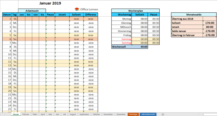 Excel Arbeitszeitnachweis 2019 mit Soll, Ist, Saldo und ...