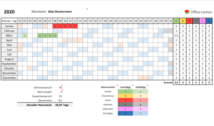 Excel Urlaubsplaner 2020 mit Resturlaub und Feiertagen - office-lernen