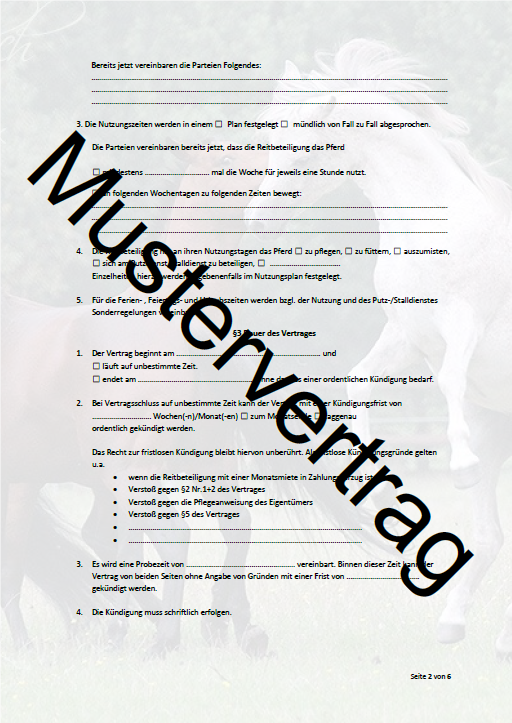 Reitbeteiligungsvertrag (Mithaltereigenschaft) Pferderecht elopage